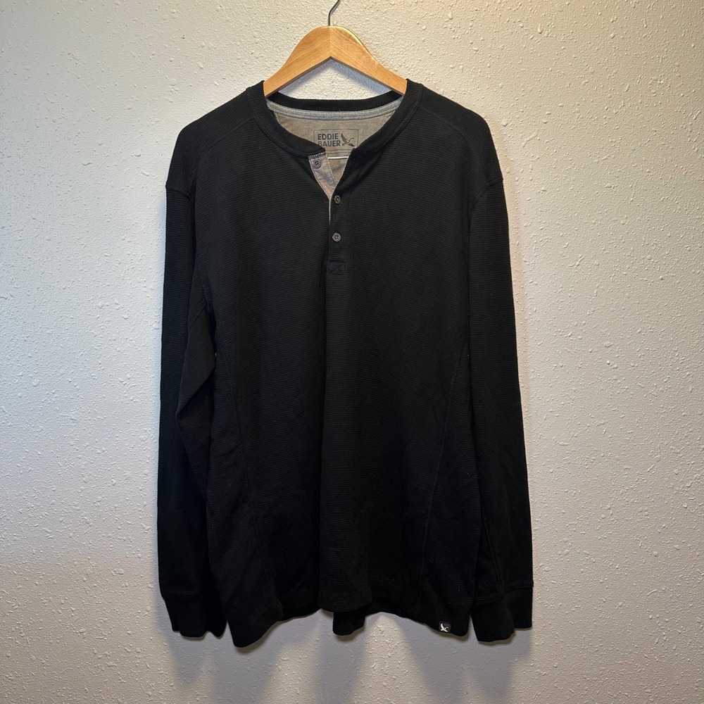 Eddie Bauer Mens XL Henley Top Long Sleeve Waffle Knit Thermal Black Outdoor